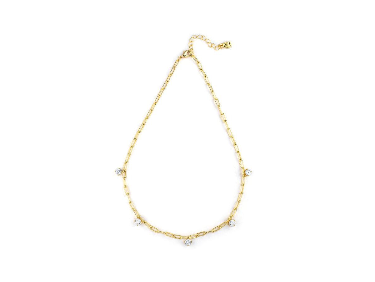 Dangling Cubic Zirconia Paperclip Chain Link Necklace - Gold with clear cubic zirconia