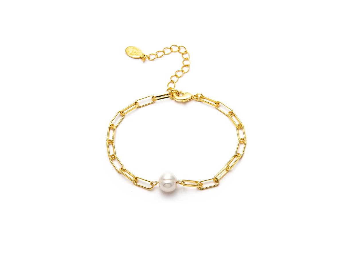 Paper Clip Chain and Fresh Water Pearl Accent Bracelet - Gold with white pearl