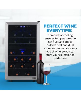 Freestanding 43 Bottle Dual Zone Compressor Wine Fridge in Stainless Steel, Adjustable Racks and Exterior Digital Thermostat
