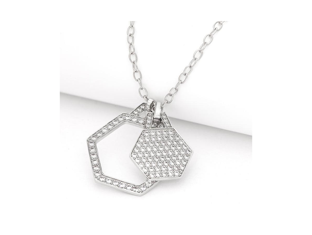 Rivka Friedman Rhodium Double Cubic Zirconia Hexagon Charm Necklace - Silver with clear cubic zirconia