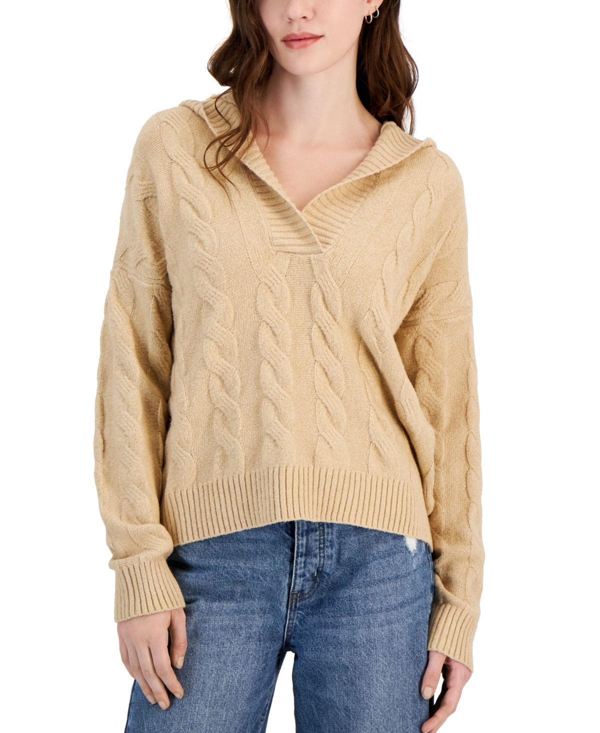 Hippie Rose Juniors' Cable-knit Hoodie Sweater In Vintage Wheat