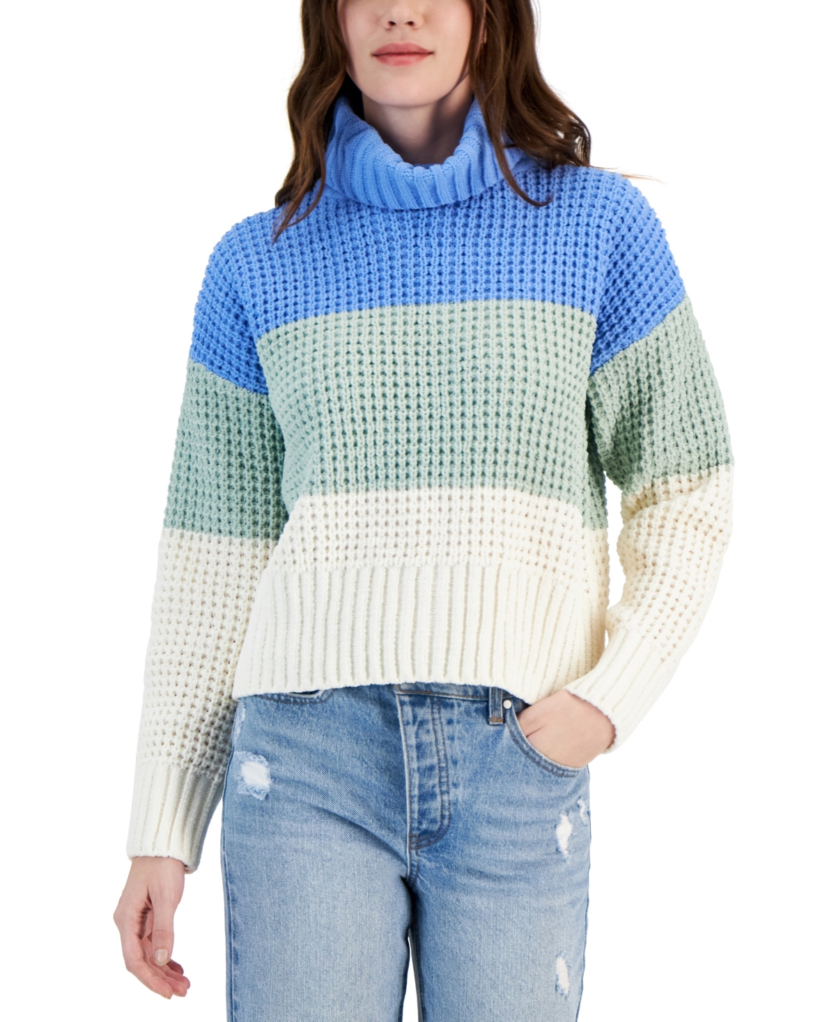 Hippie Rose Juniors' Chenille Colorblocked Turtleneck Sweater In Blue Green Combo