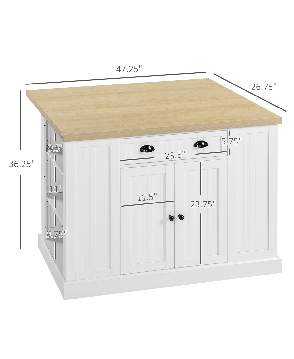Homcom Fluted-Style Wooden Kitchen Island, Kitchen Countertop Storage Cabinet with Drop Leaf, Drawer, Open Shelves, Storage,- White