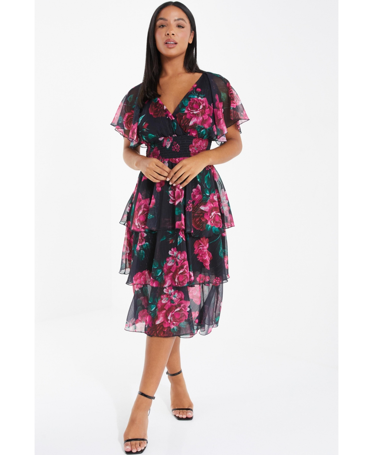 QUIZ WOMEN'S FLORAL PRINTED CHIFFON GLITTER TIERED MIDI DRESS