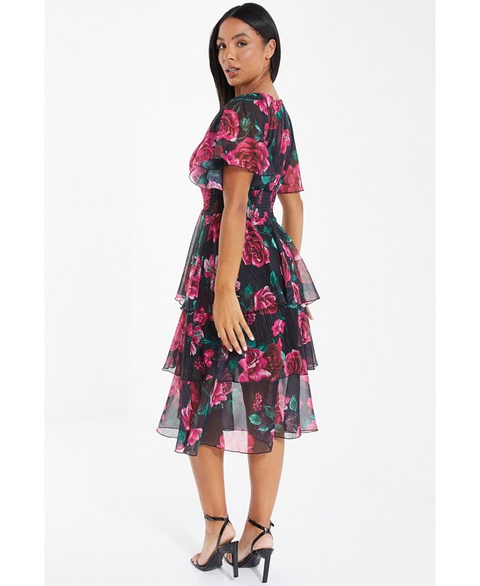 QUIZ Women's Floral Printed Chiffon Glitter Tiered Midi Dress - Macy's