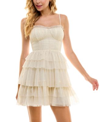 City Studios - Juniors' Sweetheart-Neck Corset Tiered Glitter-Mesh Fit & Flare Dress