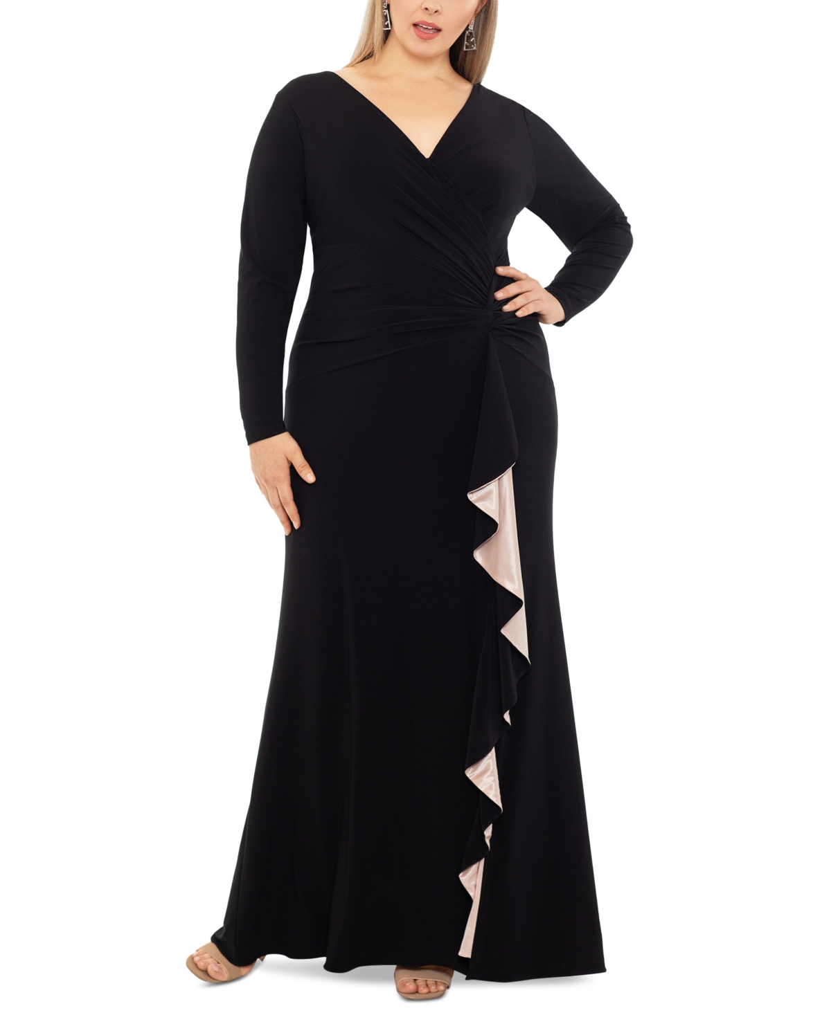 Xscape Plus Size V-neck Twist-front Side-ruffle Gown In Black,nude