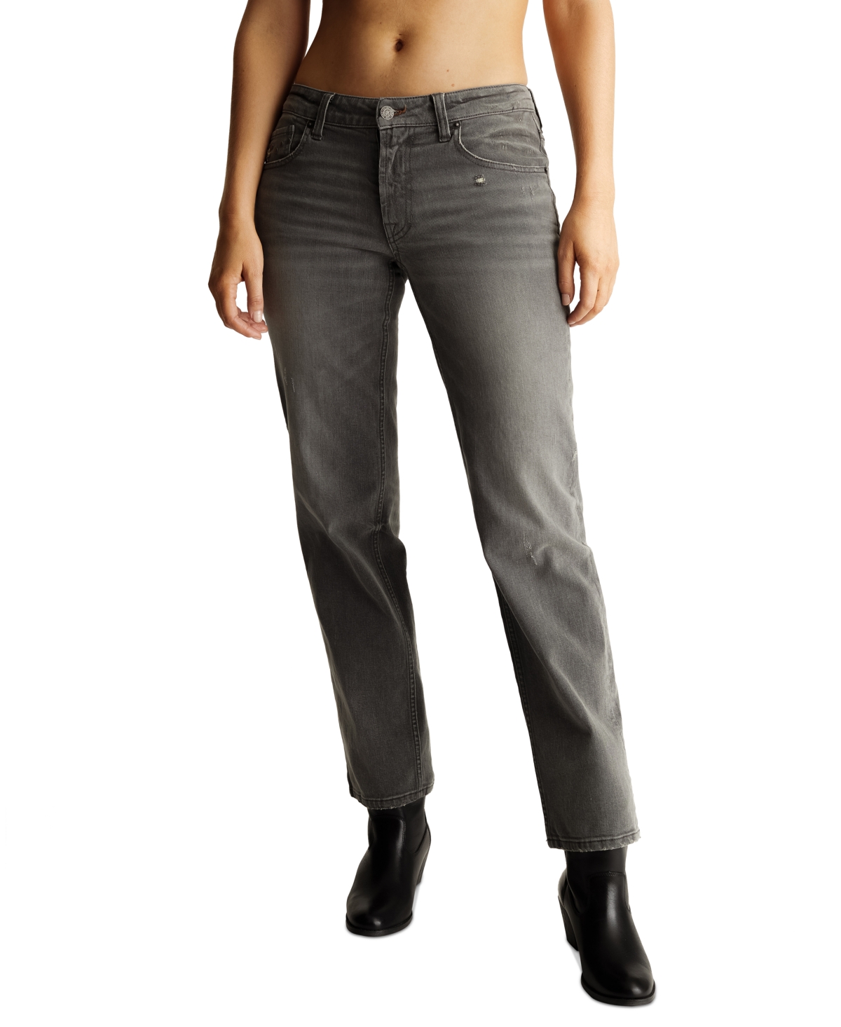 Frye Women's Studded Distressed Straight-leg Denim Jeans In Rowan Wash,grey,black Wash