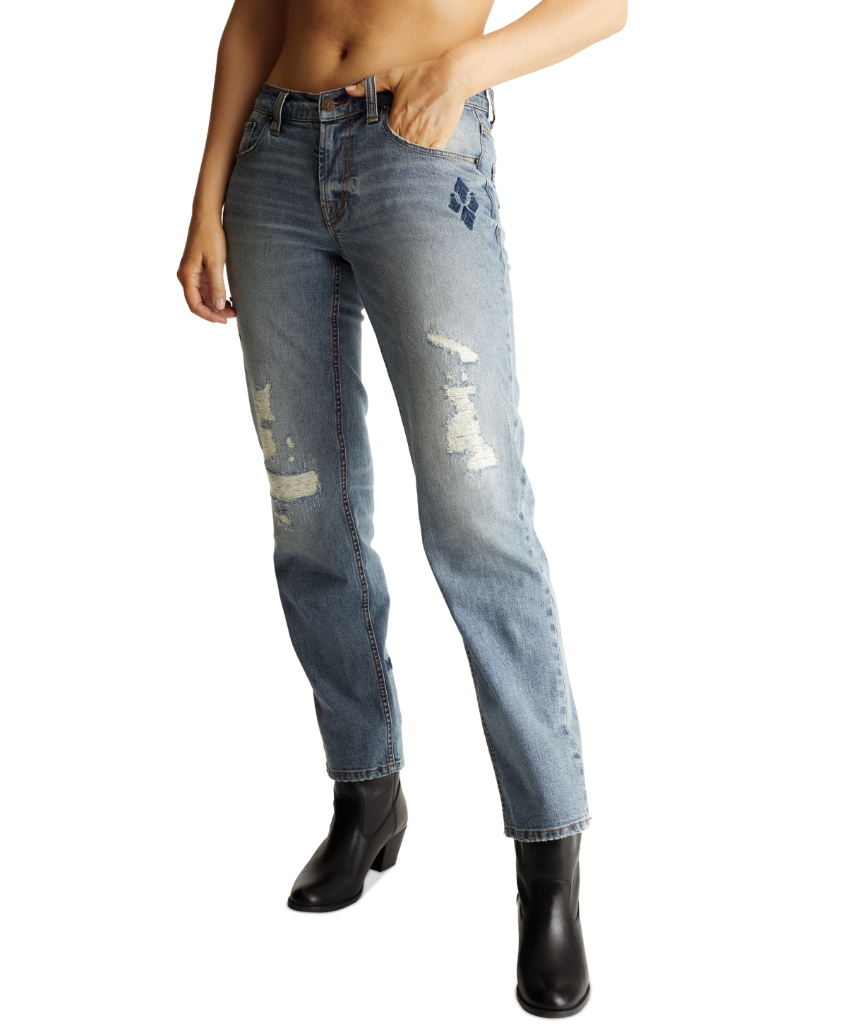 Women's Destructed Embroidered Straight-Leg Denim Jeans - Baylor Light Wash