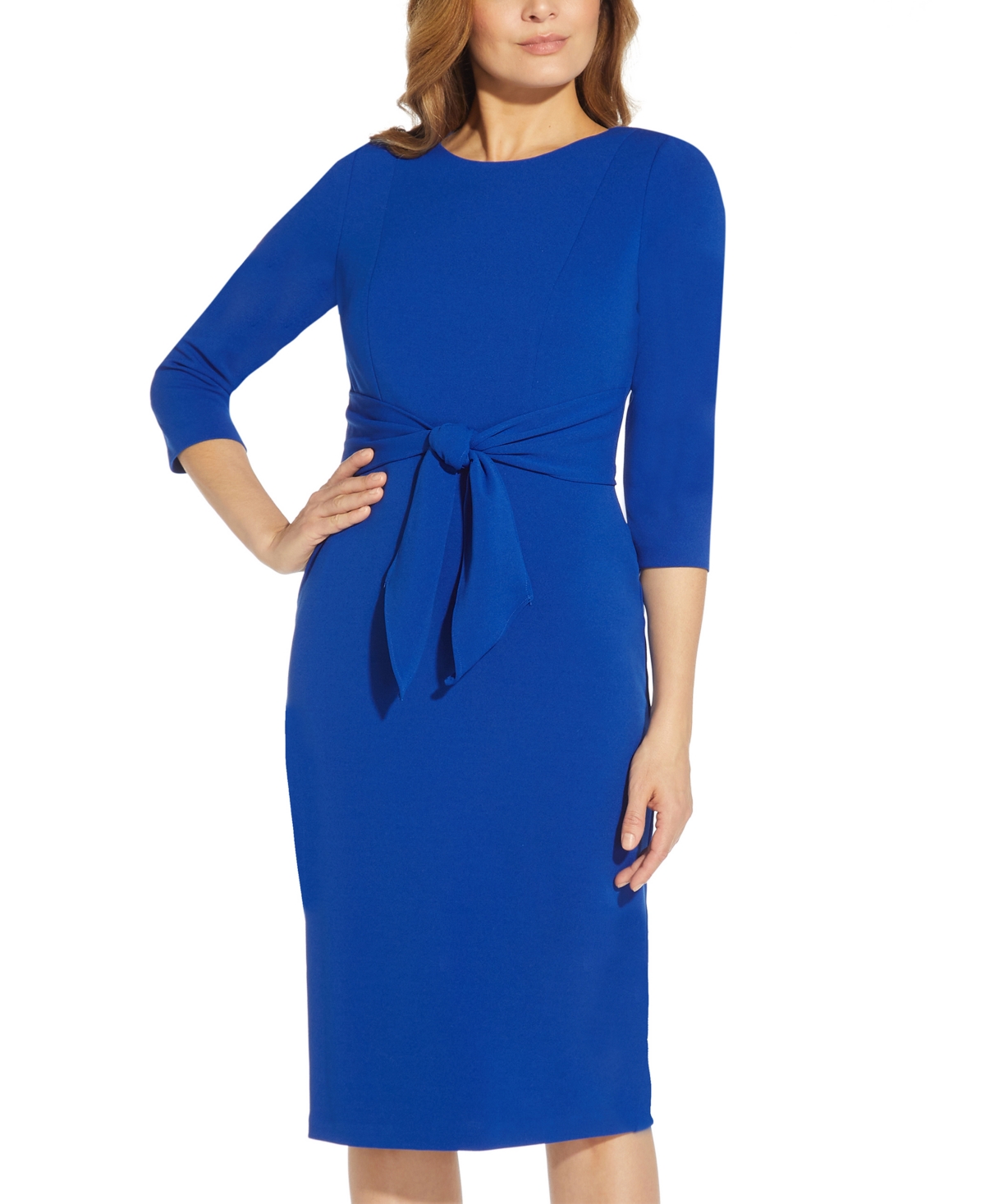 Shop Adrianna Papell Women's Tie-front 3/4-sleeve Crepe Knit Dress In Violet Cobalt
