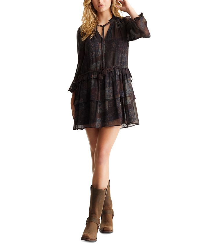 Frye Women s Printed Tiered Dropped Waist Tie Neck Ruffled Dress