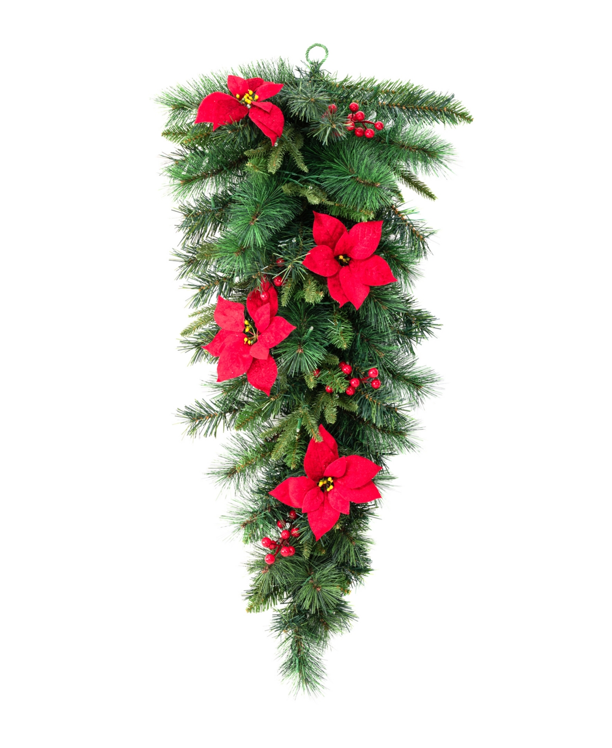Glitzhome Pre-Lit Greenery Pine Poinsettia and Red Berries Christmas Teardrop Swag with 50 Warm White Lights and Timer
