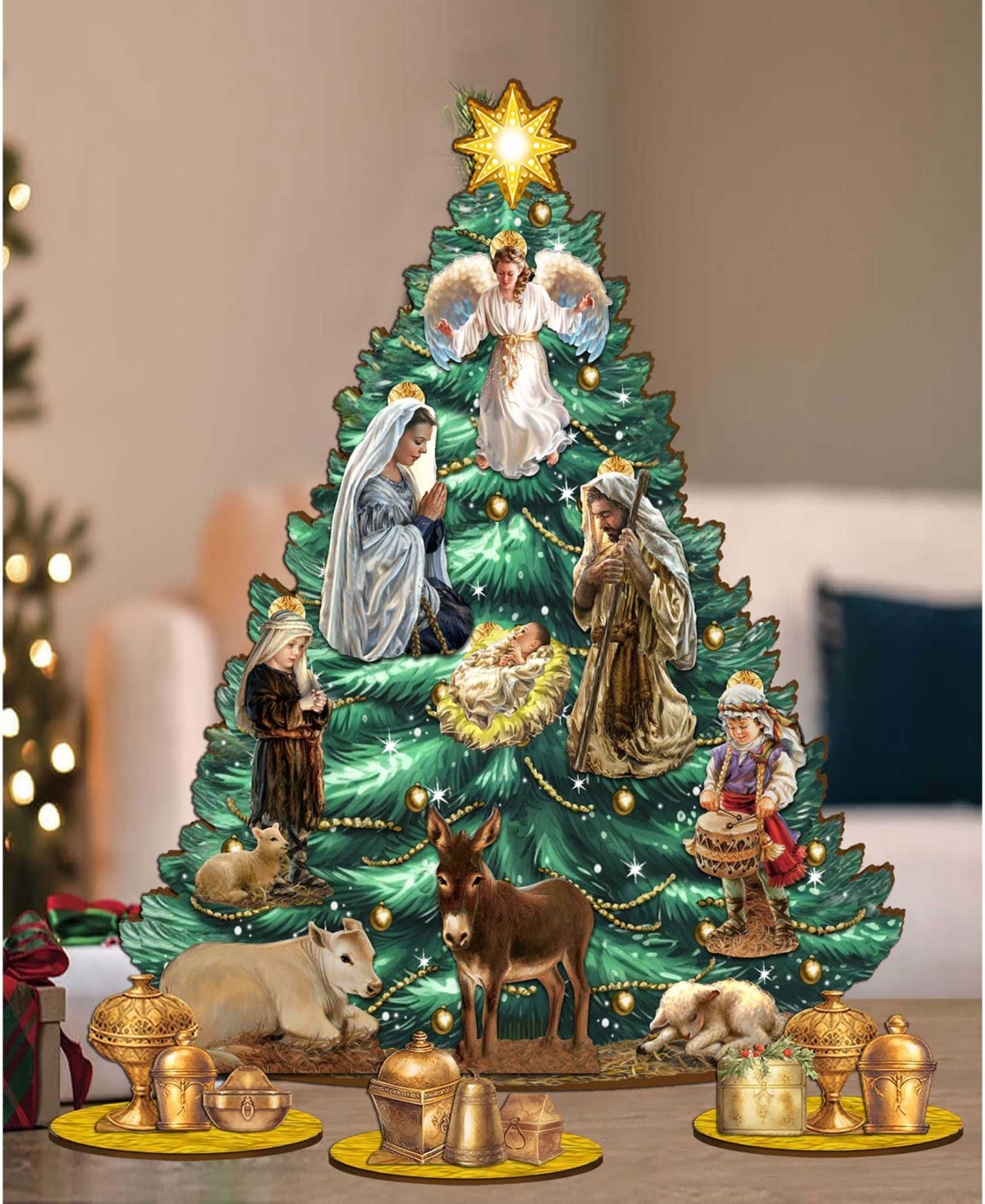 Shop Designocracy Nativity Themed Wooden Christmas Tree With Ornaments Set Of 13 G. Debrekht In Multi Color