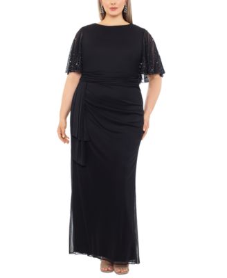 Plus Size Beaded-Sleeve Side-Drape Gown