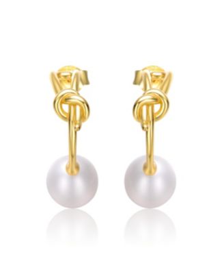 Sterling Silver 14k Yellow Gold Plated with White Freshwater Pearl Love Knot Half-Hoop Earrings