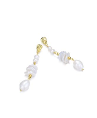 Stylish Sterling Silver 14K Gold Plating and Genuine Freshwater Pearl Dangling and Drop Earrings