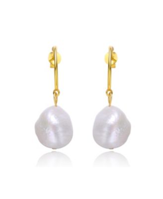 Sterling Silver 14k Yellow Gold Plated with Baroque Oval White Freshwater Pearl Dangle Drop C-Hoop Earrings