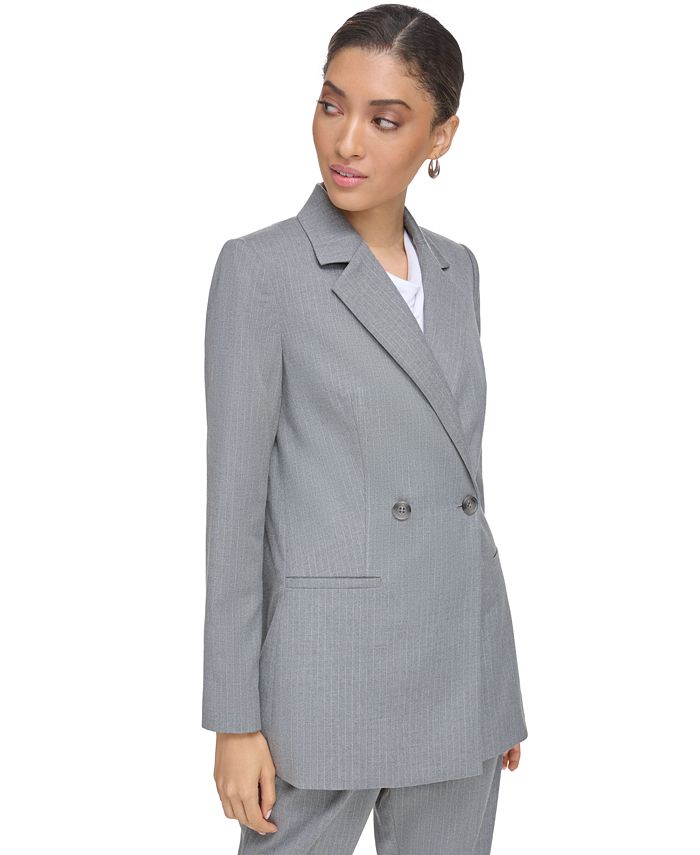 Calvin Klein Women's DoubleBreasted Grey Pinstripe Long Blazer Macy's