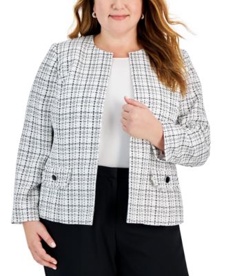 Kasper - Plus Size Plaid Open-Front Flap-Pocket Blazer