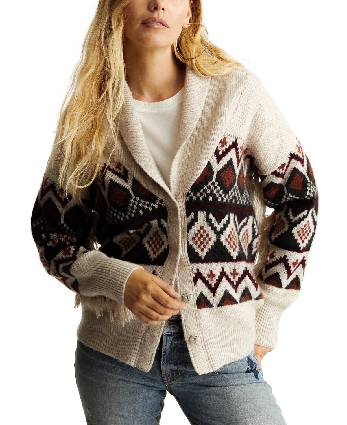 Frye Women's Fringe-sleeve Snap-front Shawl Cardigan Sweater In Salt Breeze Aztec Print Combo