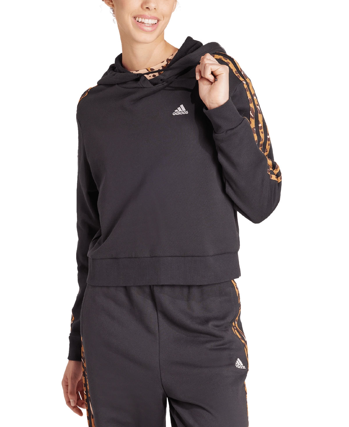 Adidas Originals Women's Essentials 3-stripe Animal-print Cropped Hoodie In Black
