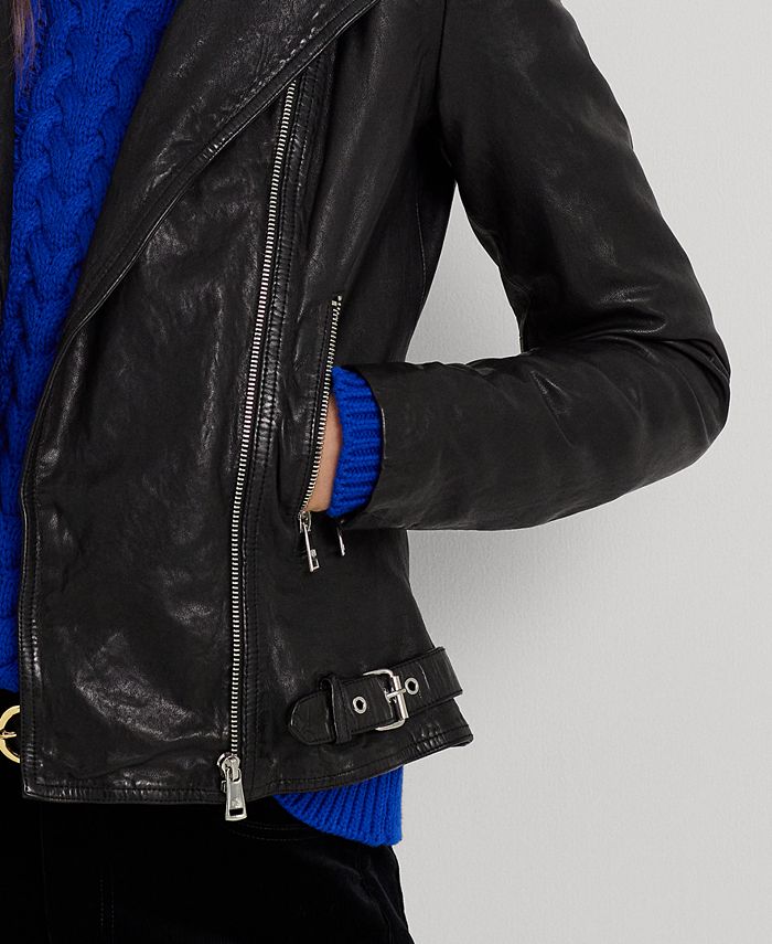 Lauren Ralph Lauren Leather Moto Jacket, Black Tumbled, Biker Women 12,  $495 NWT