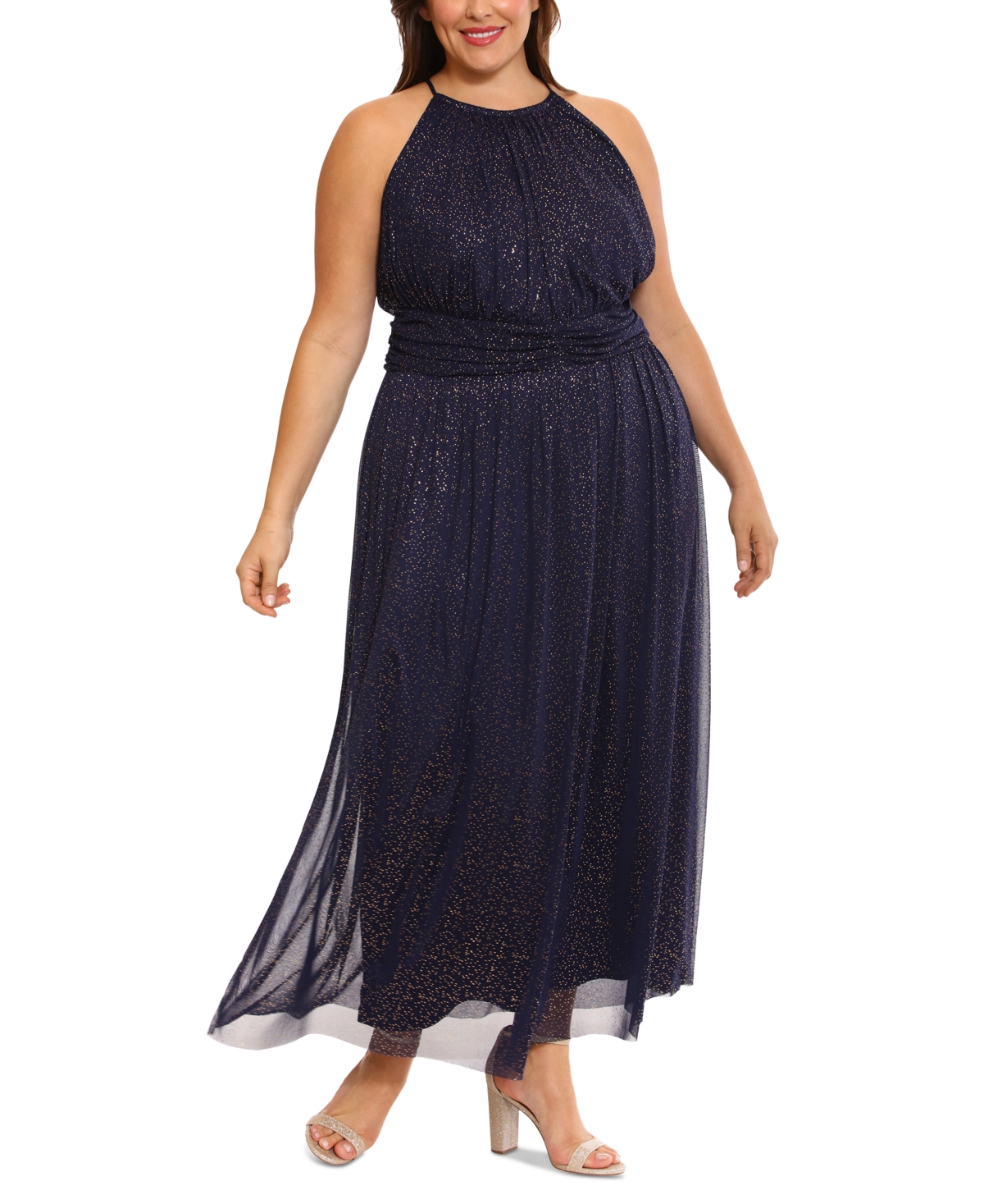 London Times Plus Size Glitter Halter-neck Maxi Dress In Gold,navy