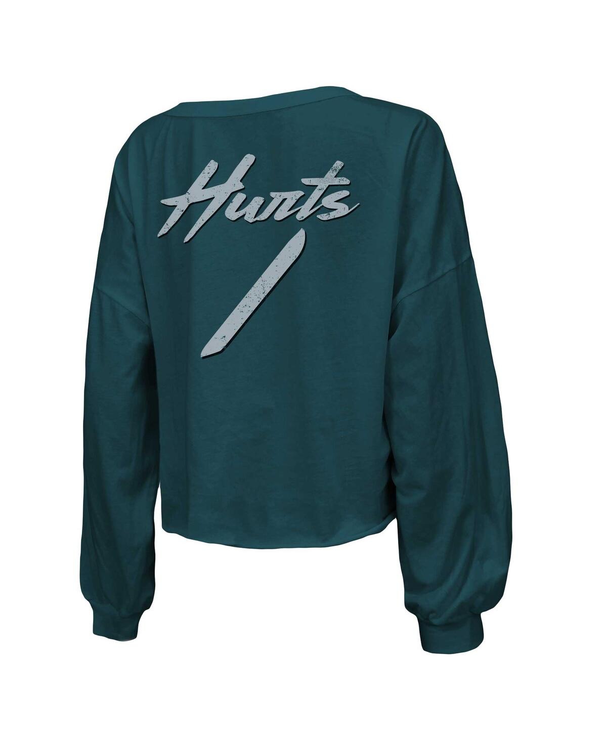 Women's Majestic Threads Jalen Hurts MidnightPhiladelphia Eagles Name and Number Off-Shoulder Script Cropped Long Sleeve V-Neck T-shirt - Green