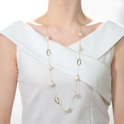 Classy Sterling Silver 14K Gold Plating and Genuine Freshwater Pearl Station Necklace