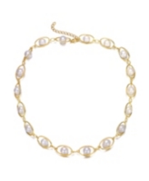 Genevive Sterling Silver 14K Gold Plated Genuine Freshwater Pearl and Cubic Zirconia Link Adjustable Necklace - Gold