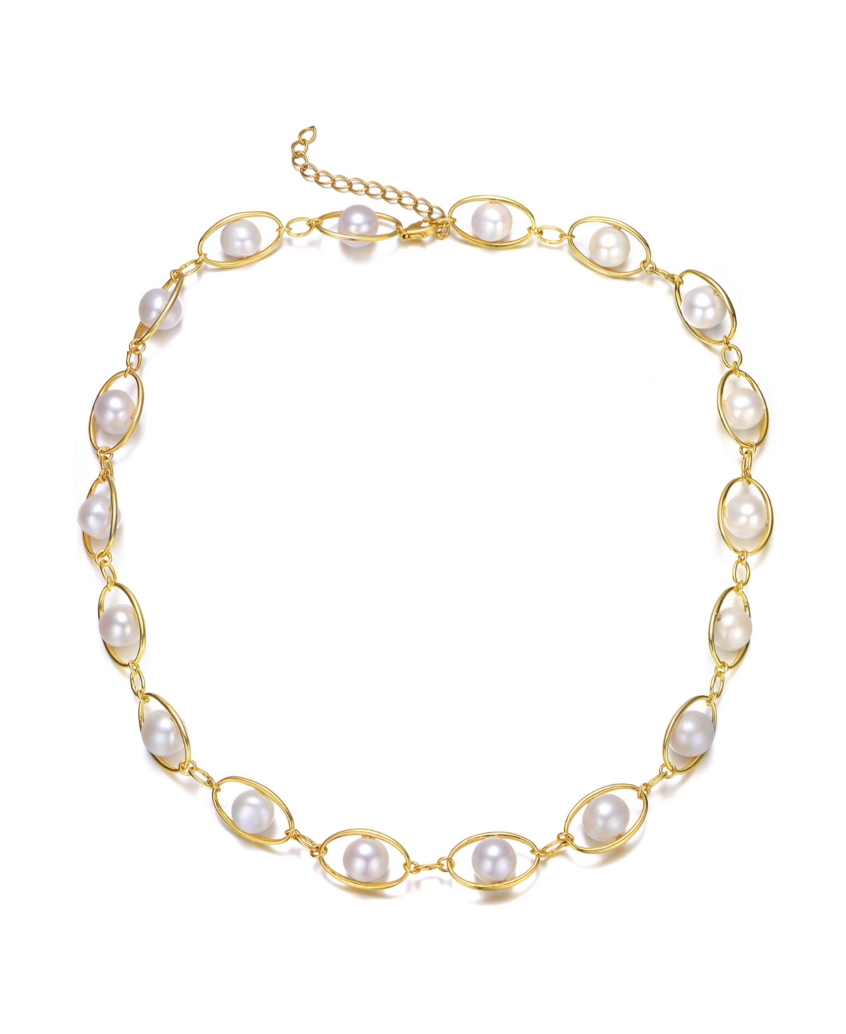 Sterling Silver 14K Gold Plated Genuine Freshwater Pearl and Cubic Zirconia Link Adjustable Necklace - Gold