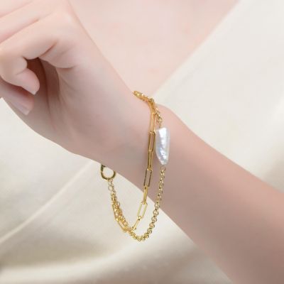 14k Yellow Gold Plated with Free-Form Genuine Freshwater Pearl Cable Rolo Chain Double Layer Bracelet in Sterling Silver
