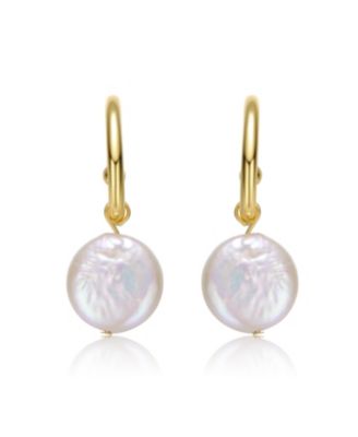 Sterling Silver 14k Yellow Gold Plated with White Coin Freshwater Pearl Drop C-Hoop Earrings