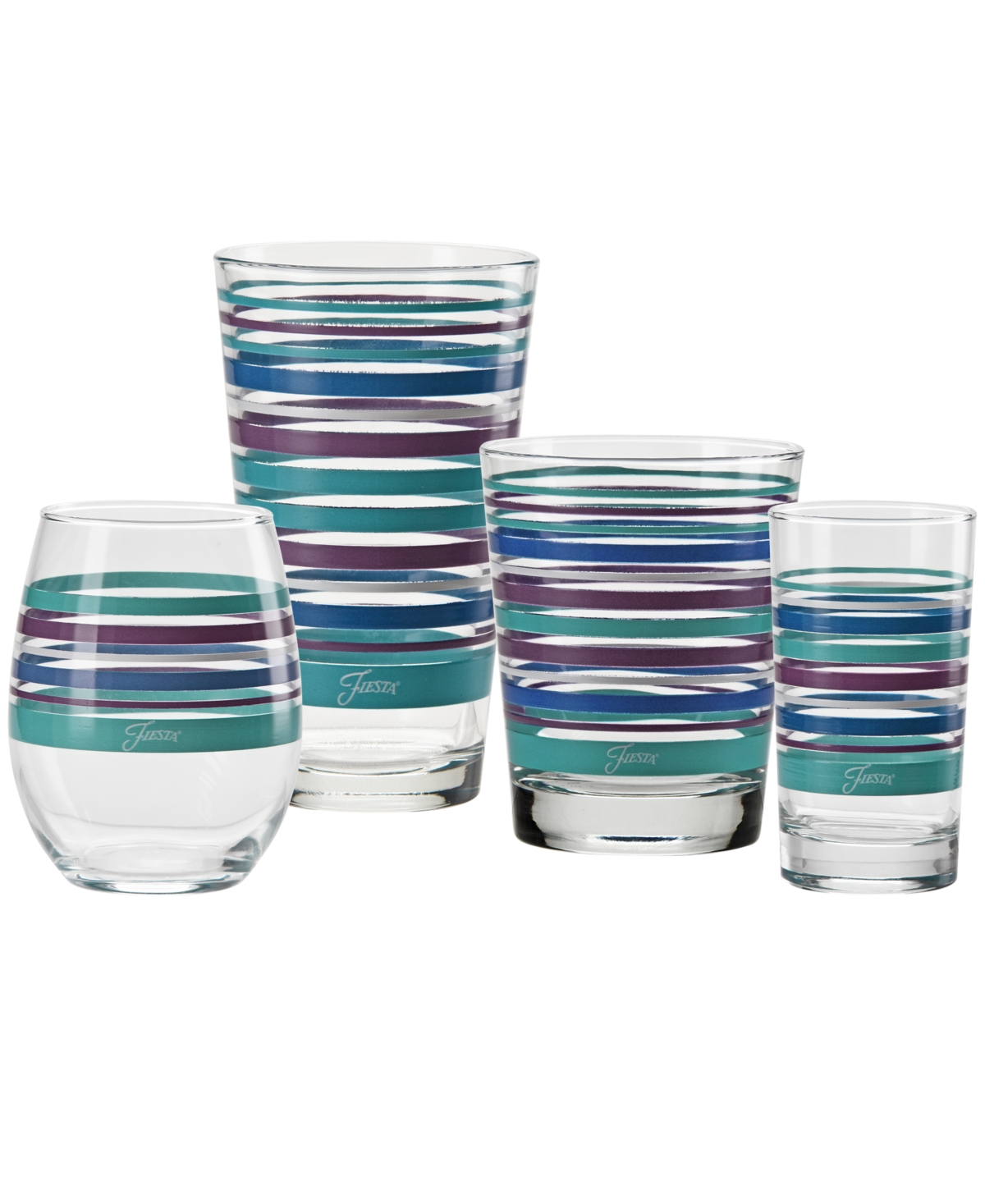 Shop Fiesta Coastal Stripes 16-ounce Tapered Cooler Glass, Set Of 4 In Turquoise,lapis,mulberry And White