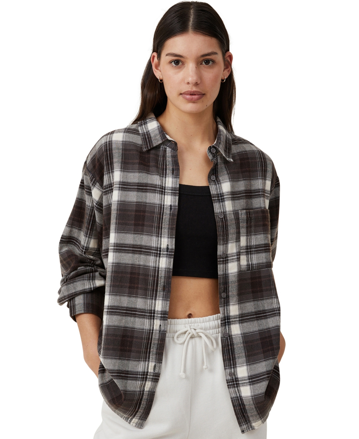 Shop Cotton On Women's Boyfriend Flannel Shirt In Fin Check Graphite