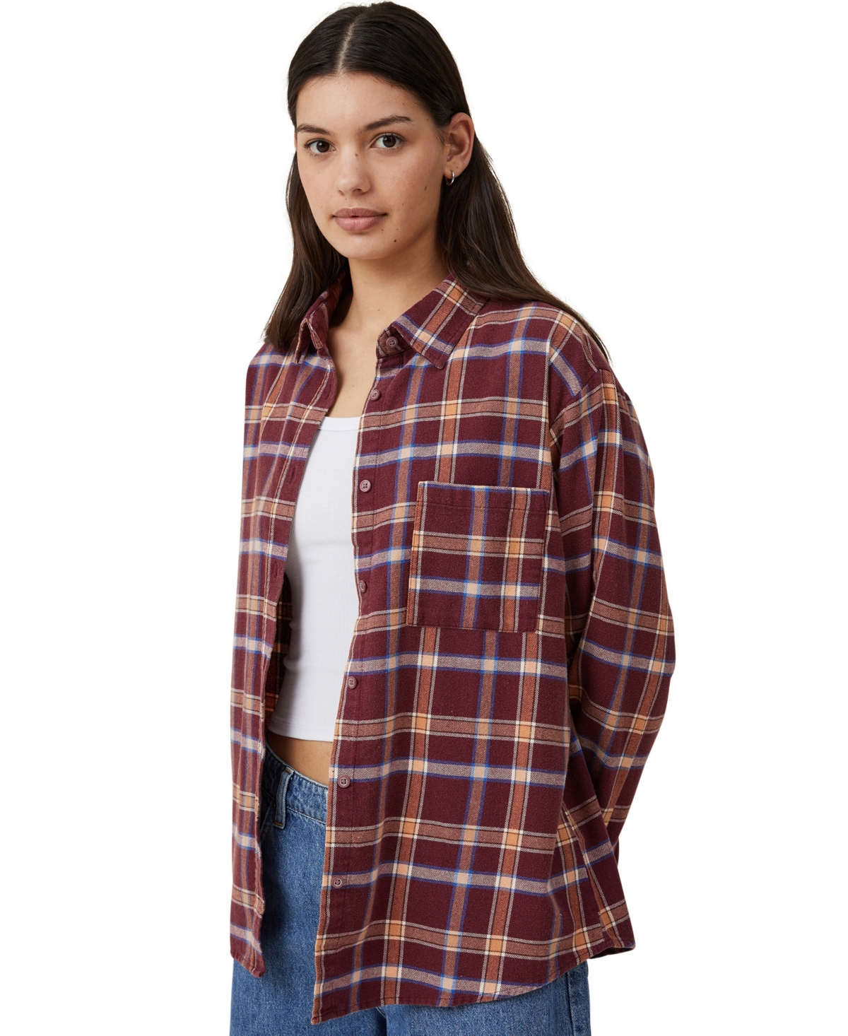 Shop Cotton On Women's Boyfriend Flannel Shirt In Celest Check Deep Garnet