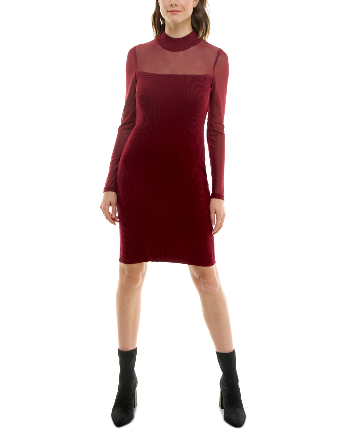Juniors' Illusion Mock Neck Bodycon Sweater Dress - Burgundy