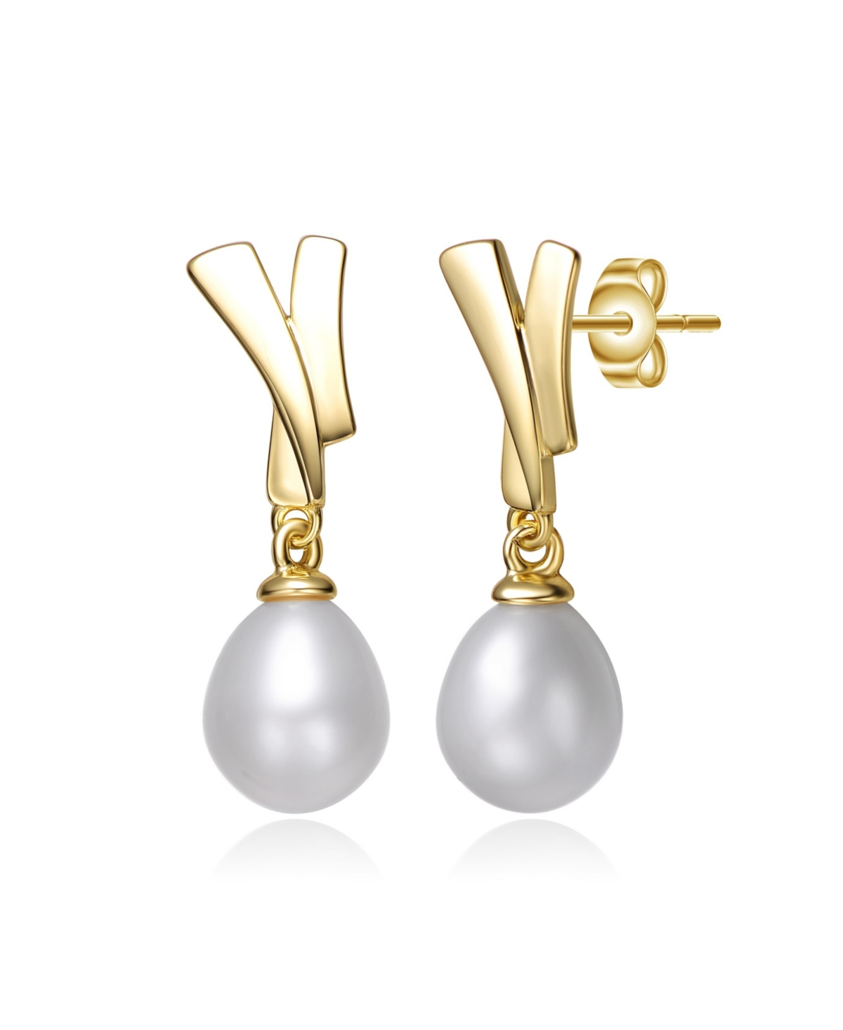 Genevive Sterling Silver 14k Yellow Gold Plated With White Pearl Double Drop Seashell Dangle Earrings