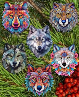 Holiday Wooden Clip-On Ornaments Enigmatic Wolves Set of 6 G. DeBrekht