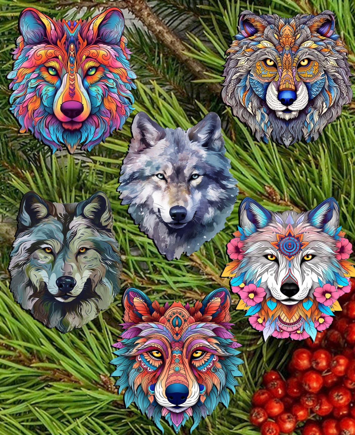 Designocracy Holiday Wooden Clip-on Ornaments Enigmatic Wolves Set Of 6 G. Debrekht In Multi Color