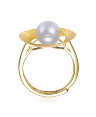 Sterling Silver 14K Gold Plated with Genuine Freshwater Pearl Geometric Ring