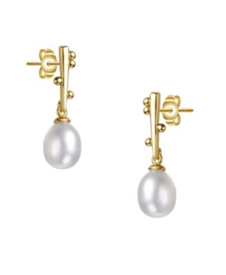 Sterling Silver 14k Yellow Gold Plated with White Freshwater Pearl Linear Stick Earrings