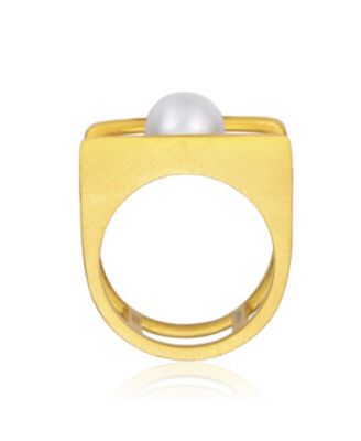 14k Gold Plated with White Genuine Freshwater Pearl Double Band Geometric Square Stacked Ring.