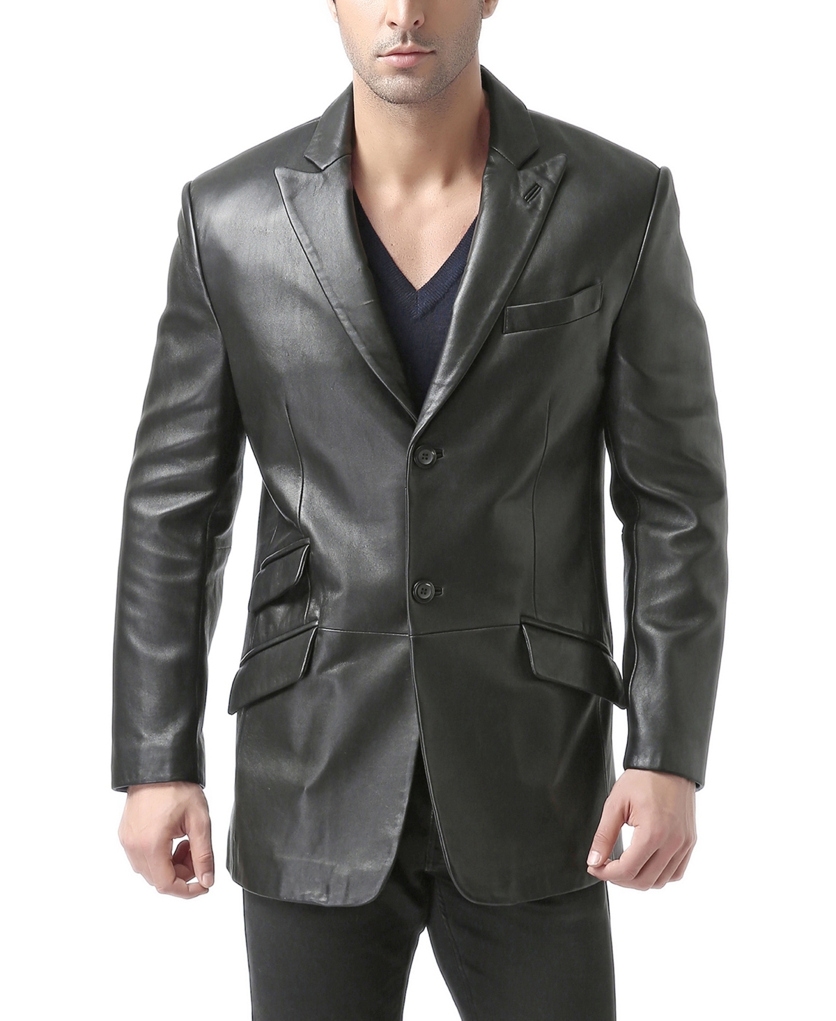 Men Peaked Lapel Two-Button Leather Blazer - Black
