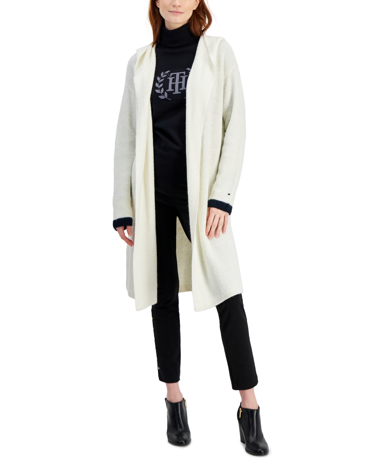 Tommy Hilfiger Women's Hooded Kimono Open Cardigan In Ivory,sky Captain