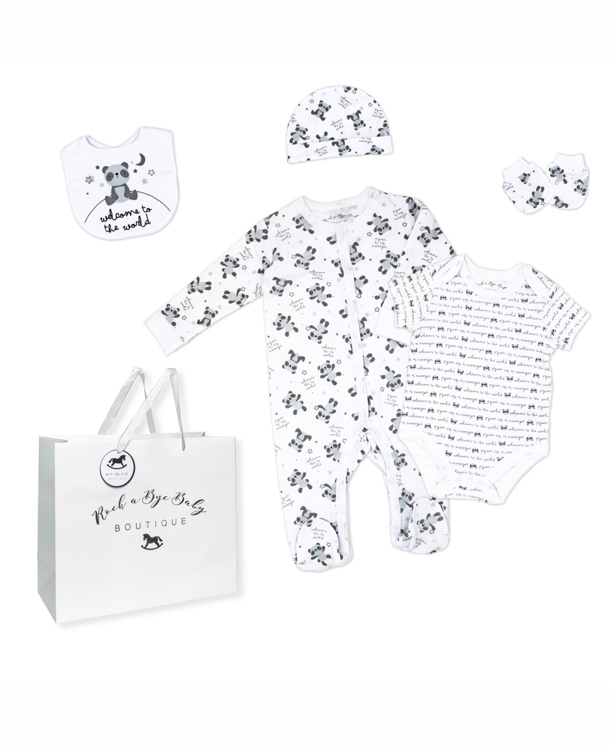 Rock-a-bye Baby Boutique Baby Boys Or Baby Girls Layette Gift Bag Set In Panda