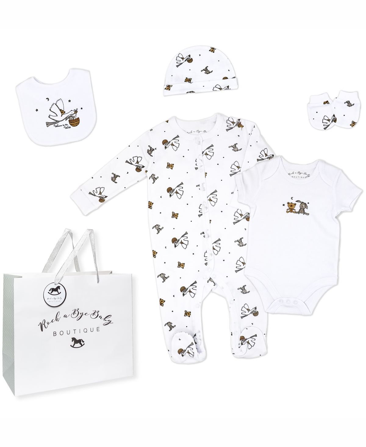 Rock-a-bye Baby Boutique Baby Boys Or Baby Girls Layette Gift Bag Set In Busy Stork
