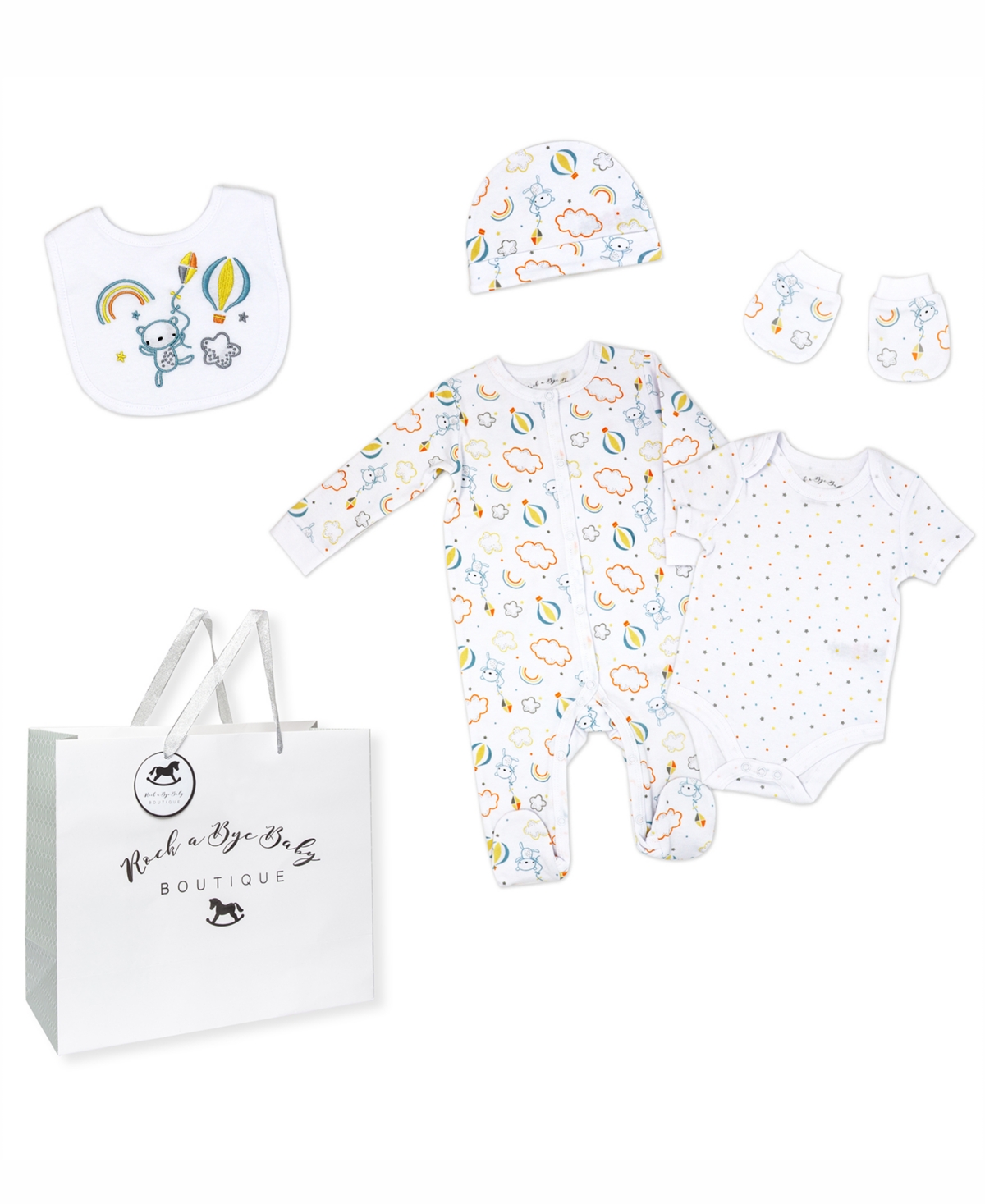 Rock-a-bye Baby Boutique Baby Boys Or Baby Girls Layette Gift Bag Set In Rainbows And Balloons