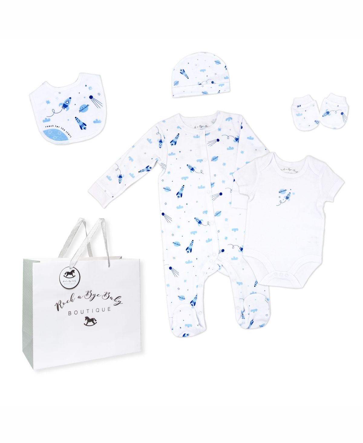Rock-a-bye Baby Boutique Baby Boys Layette Gift Bag Set In Rocket Ships