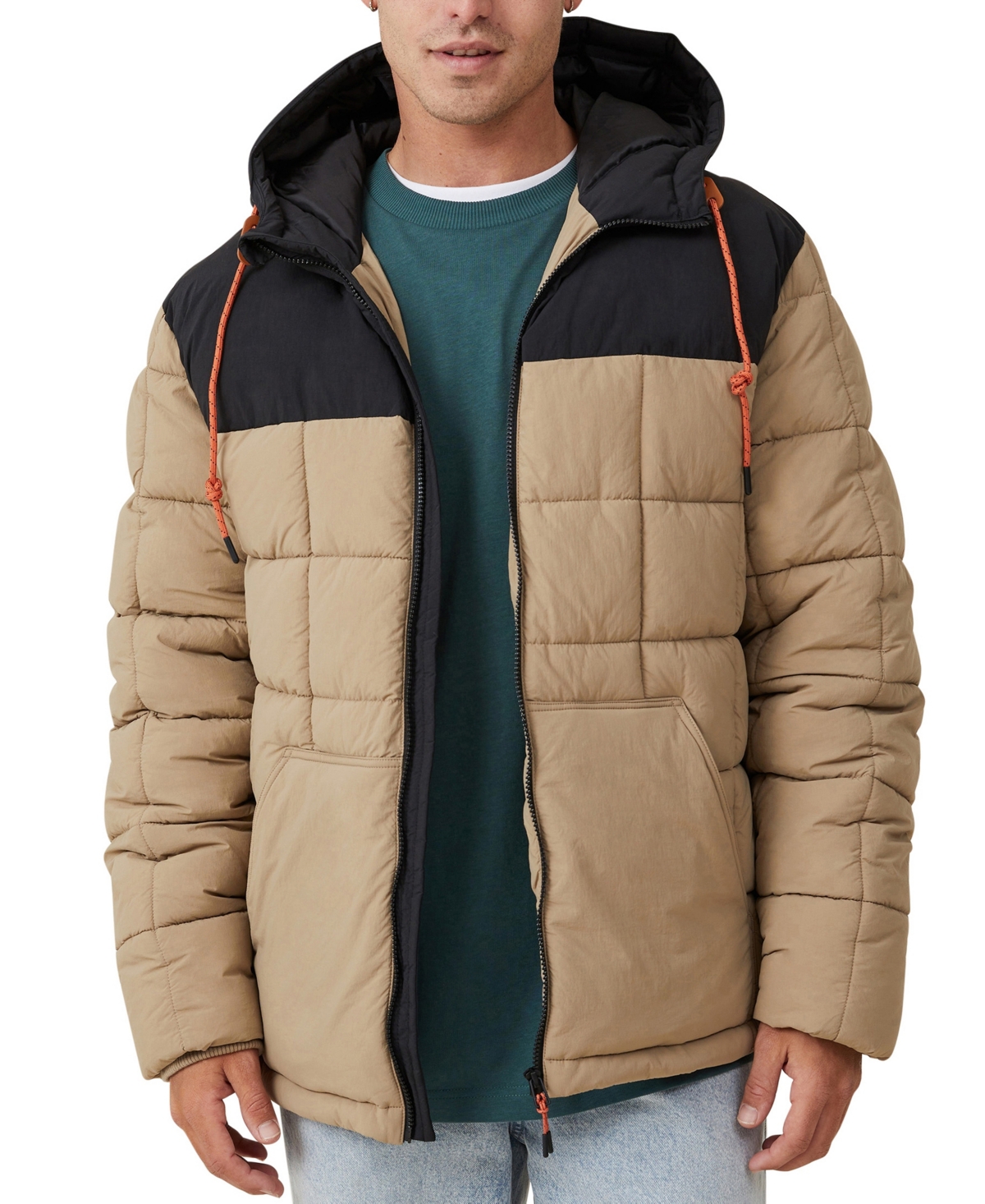Cotton On Men's Mother Puffer Hooded Jacket In Tan Panel
